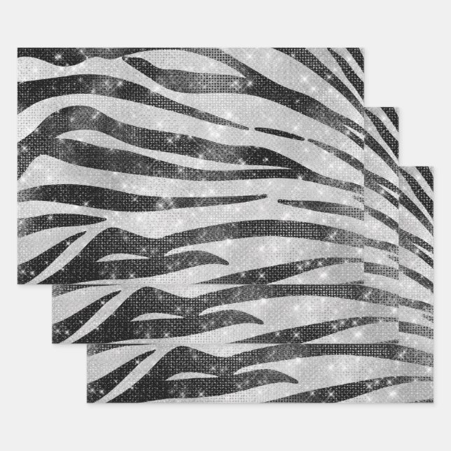 Glamourous Black White Sparkly Glitter Zebra Strip Wrapping Paper Sheet (Set)