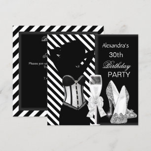 Glamourous Black White Stripe Birthday Party Invitation