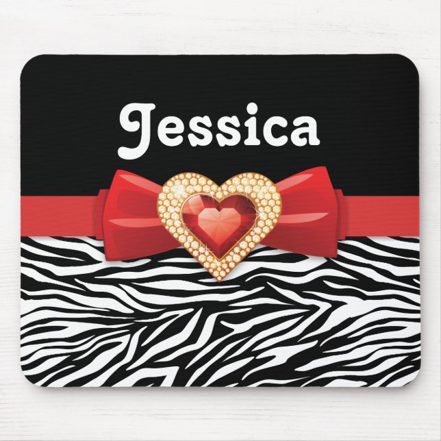Glamourous Black white zebra print, red bow & jewe Mouse Mat (Front)