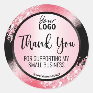 Glamourous Black With Pink Glitter Thank You Logo Classic Round Sticker