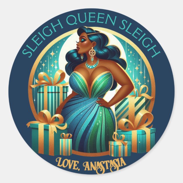 Glamourous Black Woman Festive Stylish Christmas Classic Round Sticker (Front)