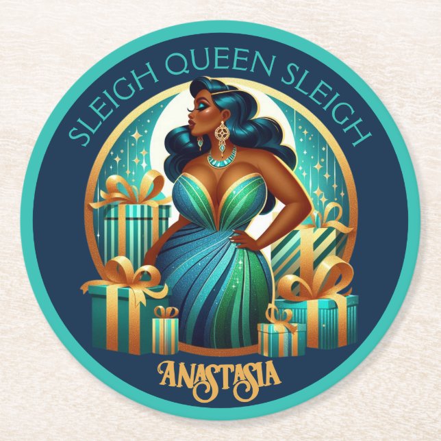 Glamourous Black Woman Festive Stylish Christmas Round Paper Coaster (Front)