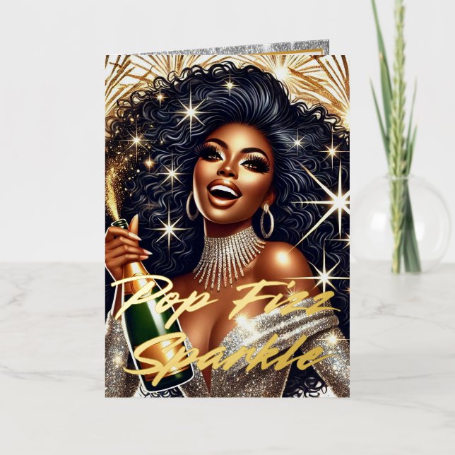 Glamourous Black Woman Popping Champagne Birthday  Foil Greeting Card (Front)