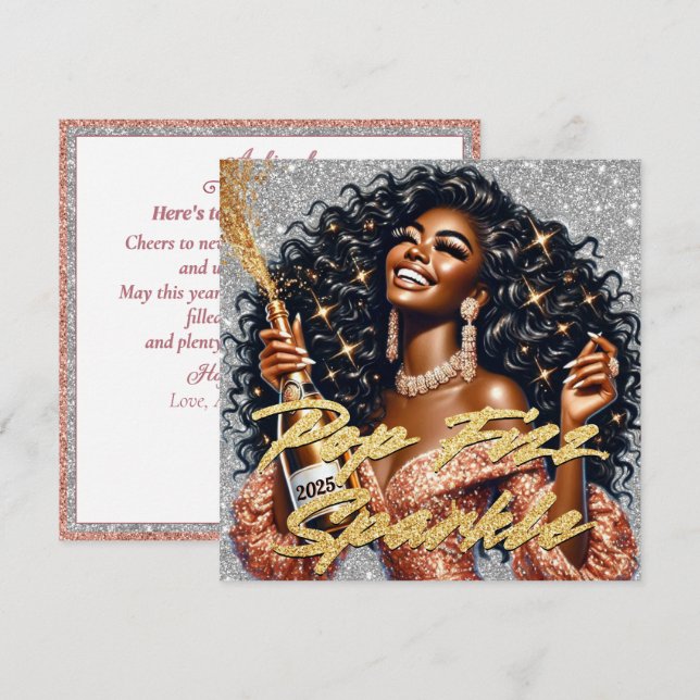 Glamourous Black Woman Popping Champagne New Year’ Card (Front/Back)