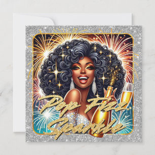 Glamourous Black Woman Popping Champagne New Year’ Card