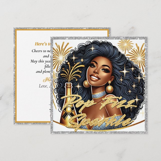 Glamourous Black Woman Popping Champagne New Year’ Card (Front/Back)