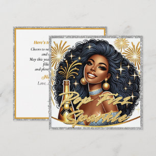 Glamourous Black Woman Popping Champagne New Year’ Card