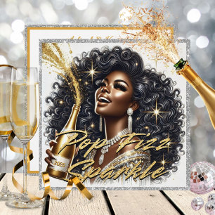 Glamourous Black Woman Popping Champagne New Year’ Card