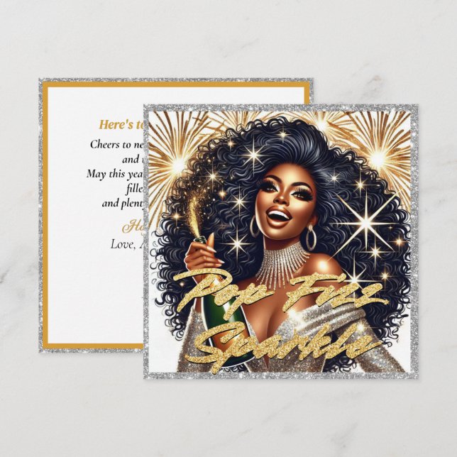 Glamourous Black Woman Popping Champagne New Year’ Card (Front/Back)