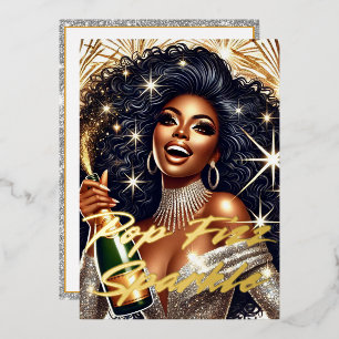 Glamourous Black Woman Popping Champagne New Year’ Foil Holiday Card