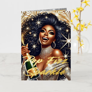 Glamourous Black Woman Popping Champagne NYE Foil Greeting Card