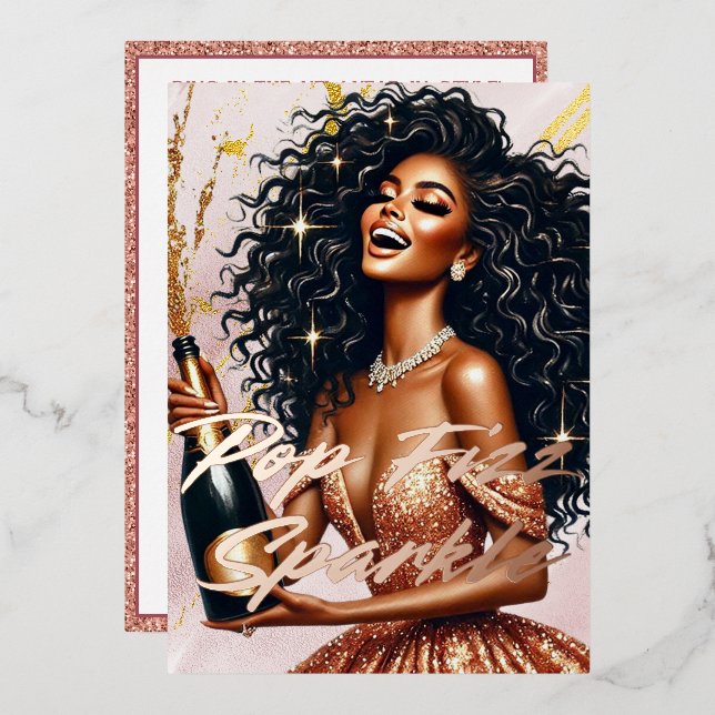 Glamourous Black Woman Popping Champagne NYE Party (Front/Back)