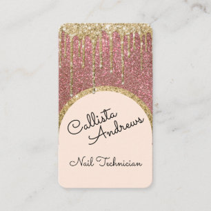Glamourous Bling Rose Gold Glitter Drip Nail Tech Business Card