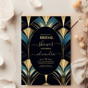 Glamourous Blue and Gold Art Deco Bridal Invitation