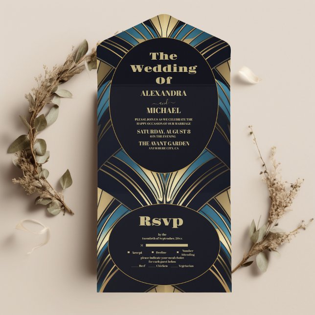 Glamourous Blue and Gold Art Deco Wedding  All In One Invitation (Creator Uploaded)