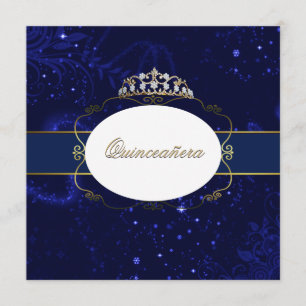 Glamourous Blue and Gold Quinceañera Invitation