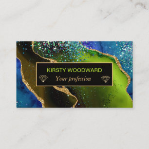 Glamourous Blue & Green Faux Gold Glitter Agate  Business Card