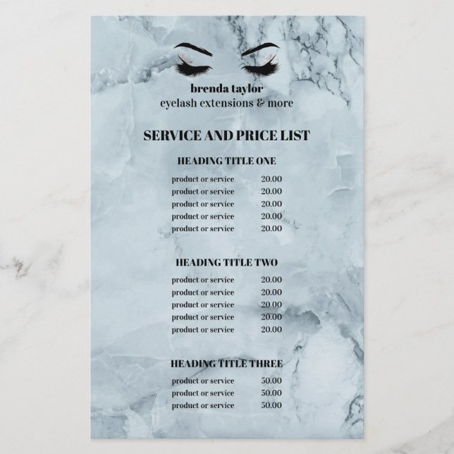 Glamourous blue marble EYELASH SALON SERVICE LIST Flyer (Front)