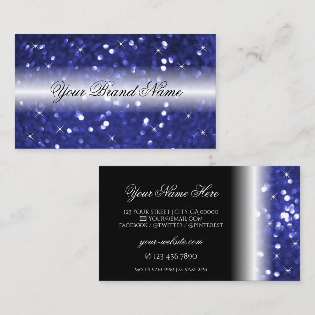 Glamourous Blue Sparkling Glitter and Stars Stylis Business Card (Front/Back)