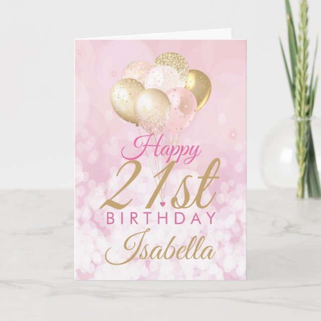 Glamourous Blush Pink Gold 21st Birthday Balloon Card (Front)