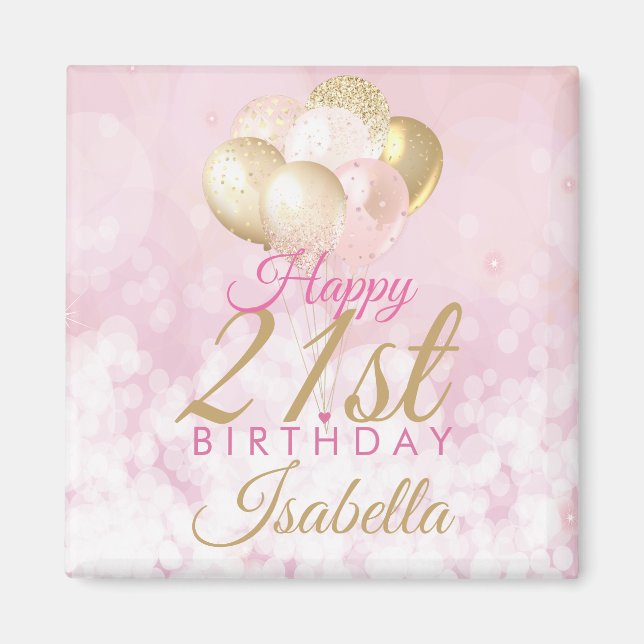 Glamourous Blush Pink Gold 21st Birthday Balloon Magnet (Front)