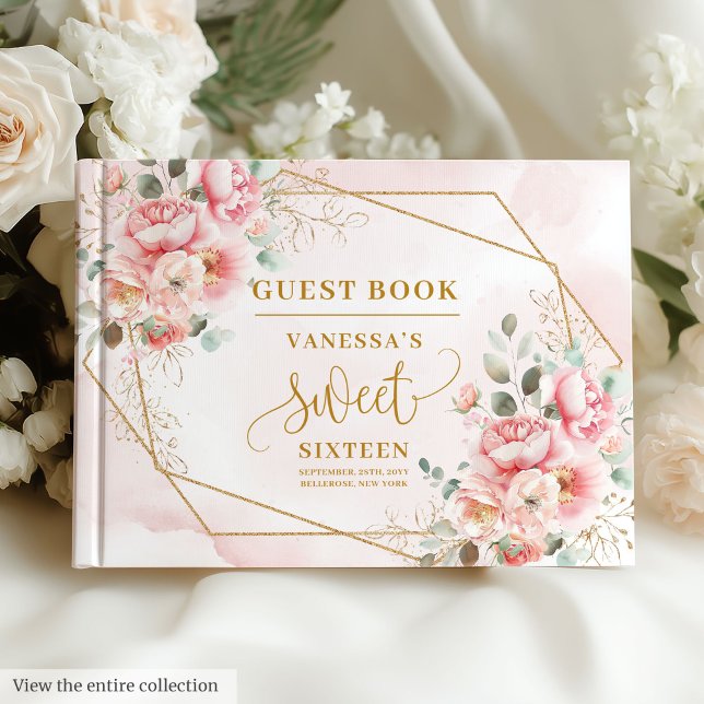 Glamourous Blush Pink Gold Floral Sweet Sixteen  Guest Book (Glamorous Blush Pink Gold Floral Sweet Sixteen Guest Book)