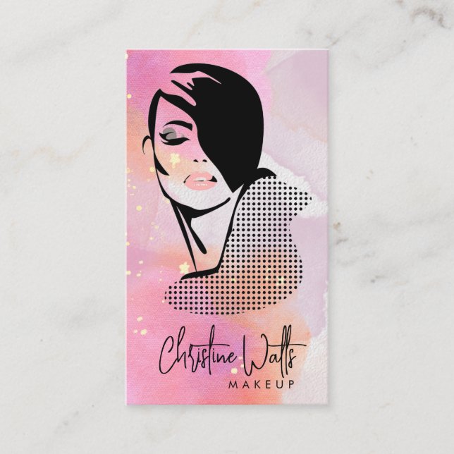 Glamourous Blush Pink Watercolor Sparkly Makeup QR Business Card (Front)