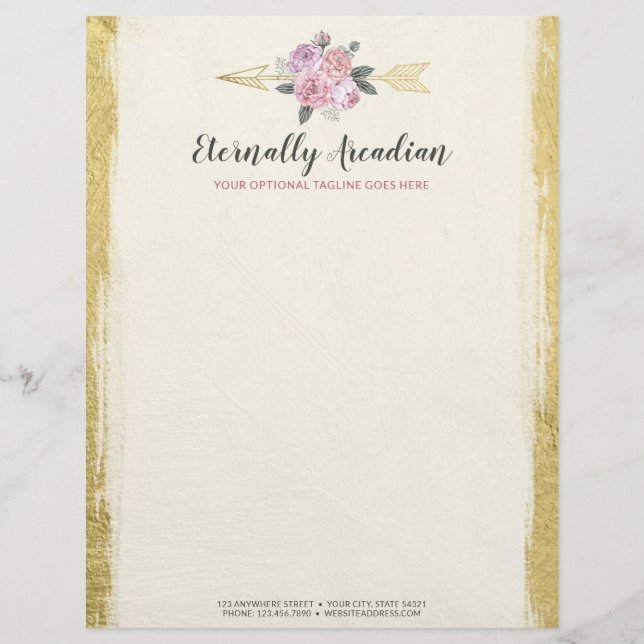 Glamourous Bohemian Floral Arrows Pink Gold Boho Custom Letterhead (Front)