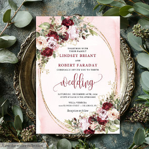 Glamourous Boho Burgundy Blush Gold Roses Wedding  Invitation
