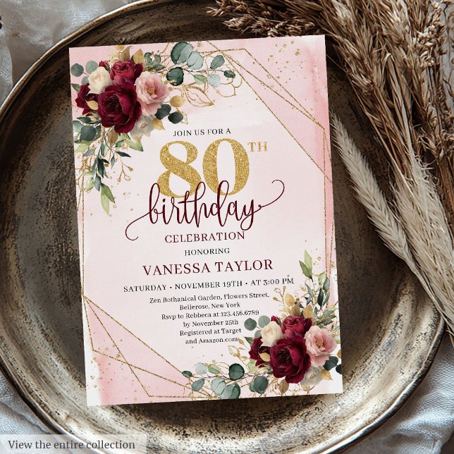 Glamourous boho marsala gold flowers 80th birthday invitation (Glamorous boho marsala gold flowers 80th birthday invite

)