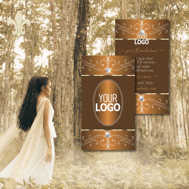 Glamourous Brown Orange Ornate Ornaments with Logo Business Card (Creator Uploaded)