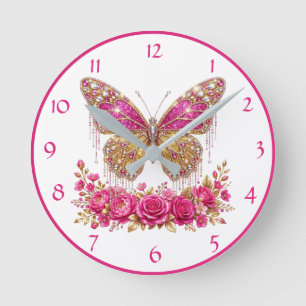 Glamourous Butterfly Rose Pink and Gold Floral Round Clock