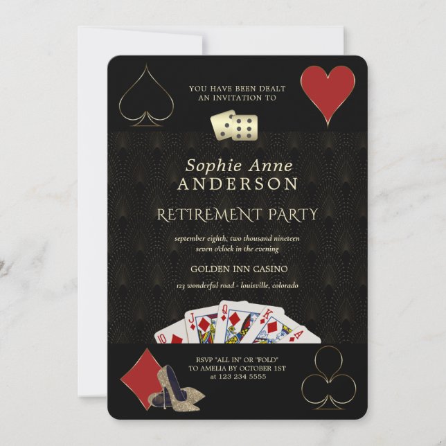 Glamourous Casino Vegas Poker Retirement Party  Invitation (Front)