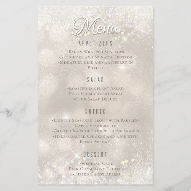 Glamourous Champagne Glitter Luxury Wedding Menu (Front)
