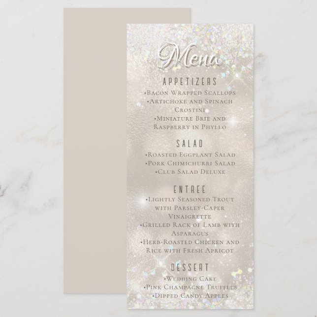 Glamourous Champagne Glitter Luxury Wedding Menu (Front/Back)
