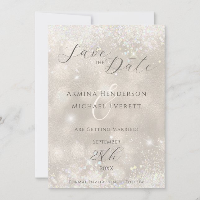 Glamourous Champagne Glitter Photo Wedding Save The Date (Front)