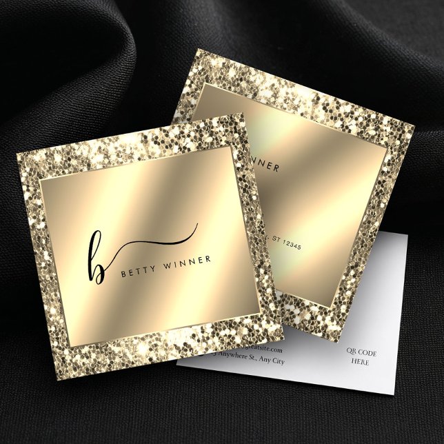 Glamourous Champagne Gold Glitter Script Monogram Square Business Card (Creator Uploaded)