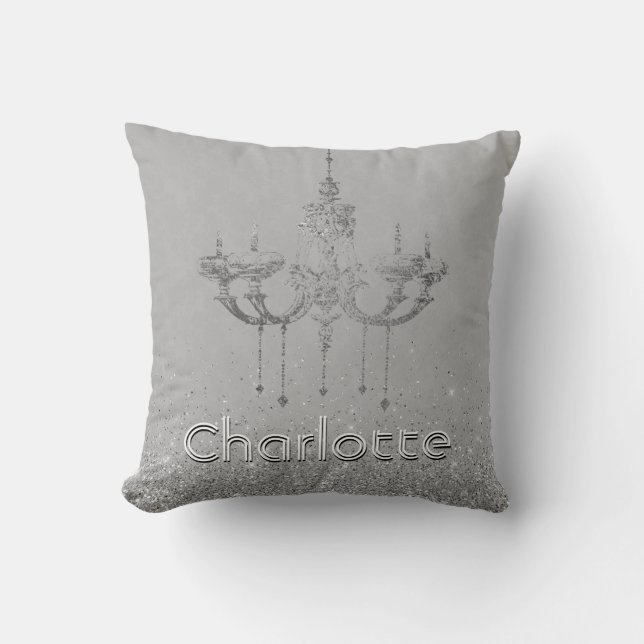 Glamourous Chandelier Grey Silver Glitter Name Cushion (Front)