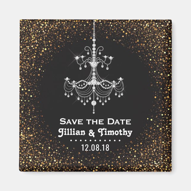 Glamourous Chandelier Wedding Save the Date Gold Magnet (Front)