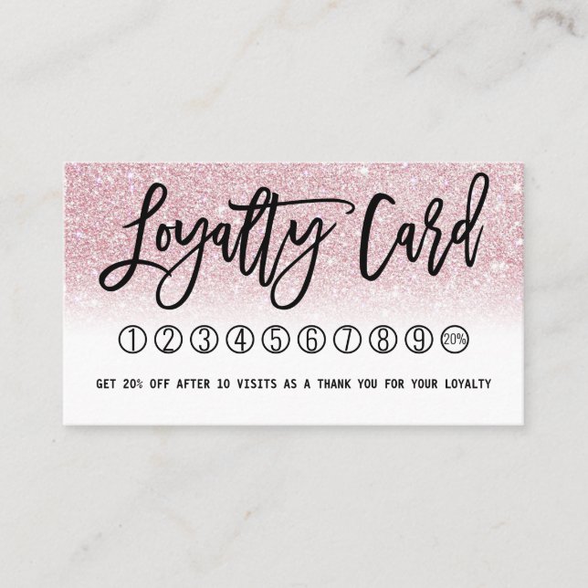 Glamourous Chic Girly Pink Glitter Modern Ombre Loyalty Card (Front)