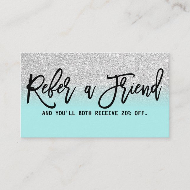 Glamourous Chic Mint Silver Glitter Modern Referral Card (Front)