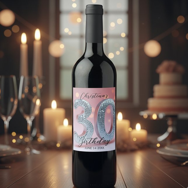 Glamourous Chic Pink and Silver Sequin 30 Birthday Wine Label (Creator Uploaded)