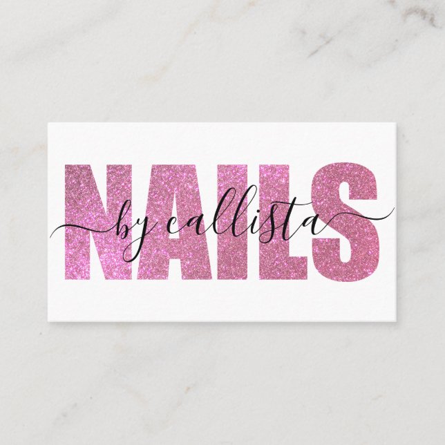 Glamourous Chic Pink Glitter Typography Nail Artis Business Card (Front)