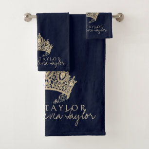 Glamourous Dark Blue Gold Personalised bath towel 