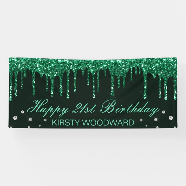 Glamourous Dark Green Dripping Glitter Birthday Banner (Horizontal)
