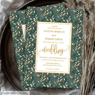 Glamourous Dark Green Gold Leaves Wedding Invites