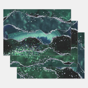 Glamourous Dark Green & Silver Faux Glitter Agate Wrapping Paper Sheet