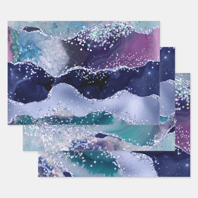 Glamourous Dark & Light Blue Faux Glitter Agate Wrapping Paper Sheet (Set)