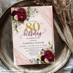 Glamourous Deep Red Blush Gold Flowers 80 Birthday Invitation