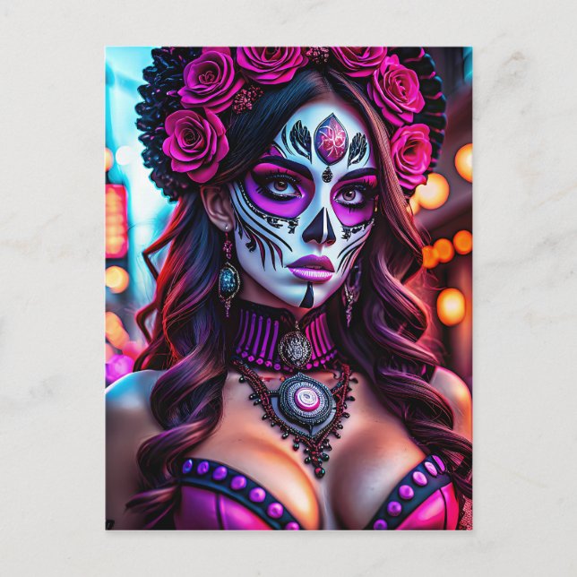 Glamourous Día de los Muertos Catrina portrait wit Postcard (Front)